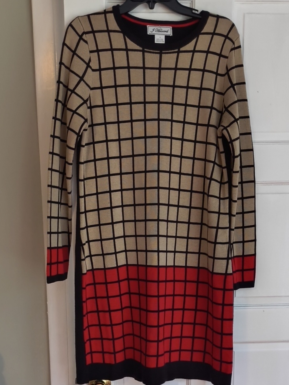 J. Howard Beige Grid Knit Dress with Red Hem Accent